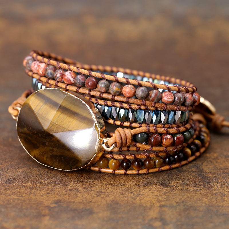 Wickelarmband mit Tigerauge und Jaspisperlen