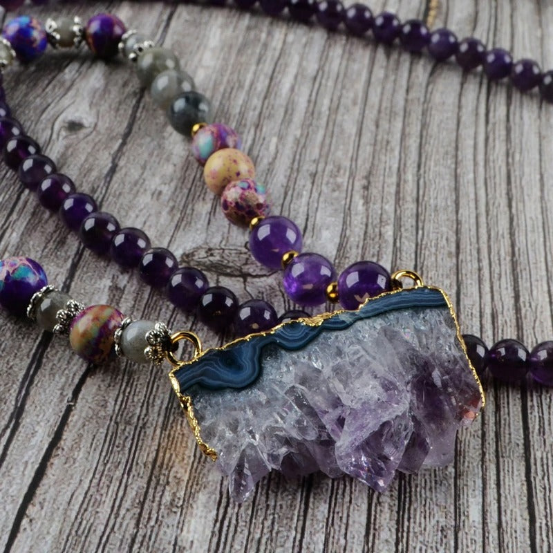 Amethyst Jasper & Labradorite Beaded Druzy Necklace