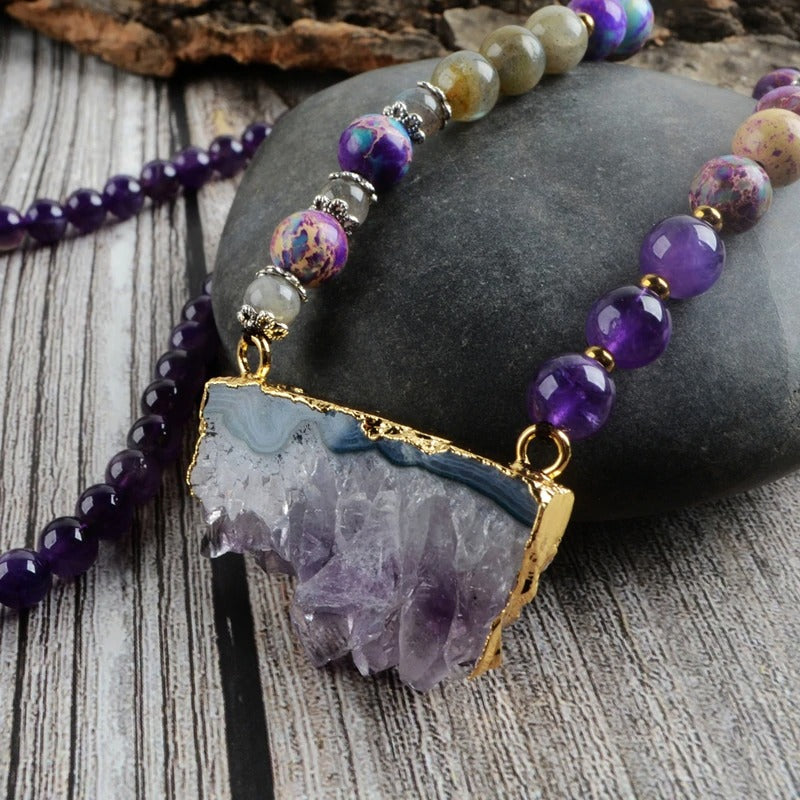 Amethyst Jasper & Labradorite Beaded Druzy Necklace