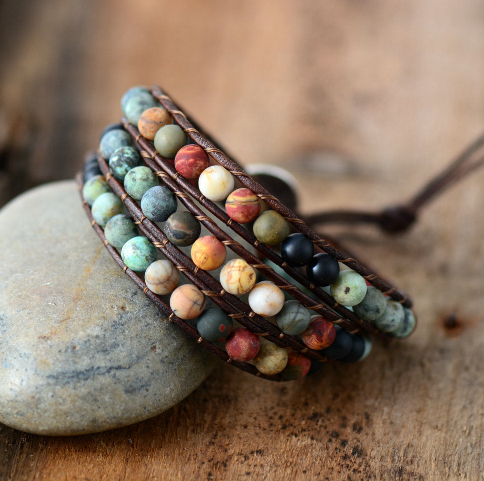 Semi-Precious Gemstones "LOVE" Leather Wrap Bracelet