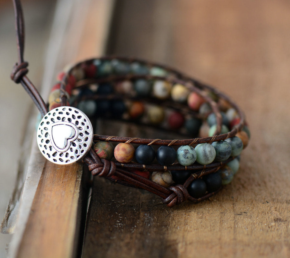 Semi-Precious Gemstones "LOVE" Leather Wrap Bracelet