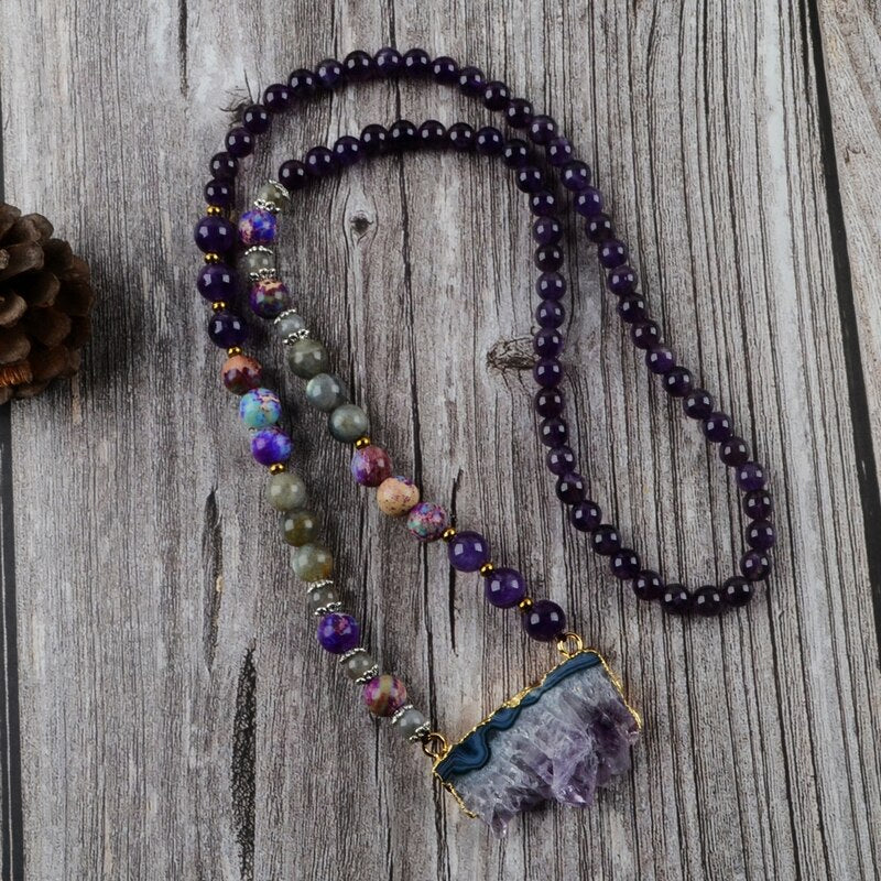 Amethyst Jasper & Labradorite Beaded Druzy Necklace