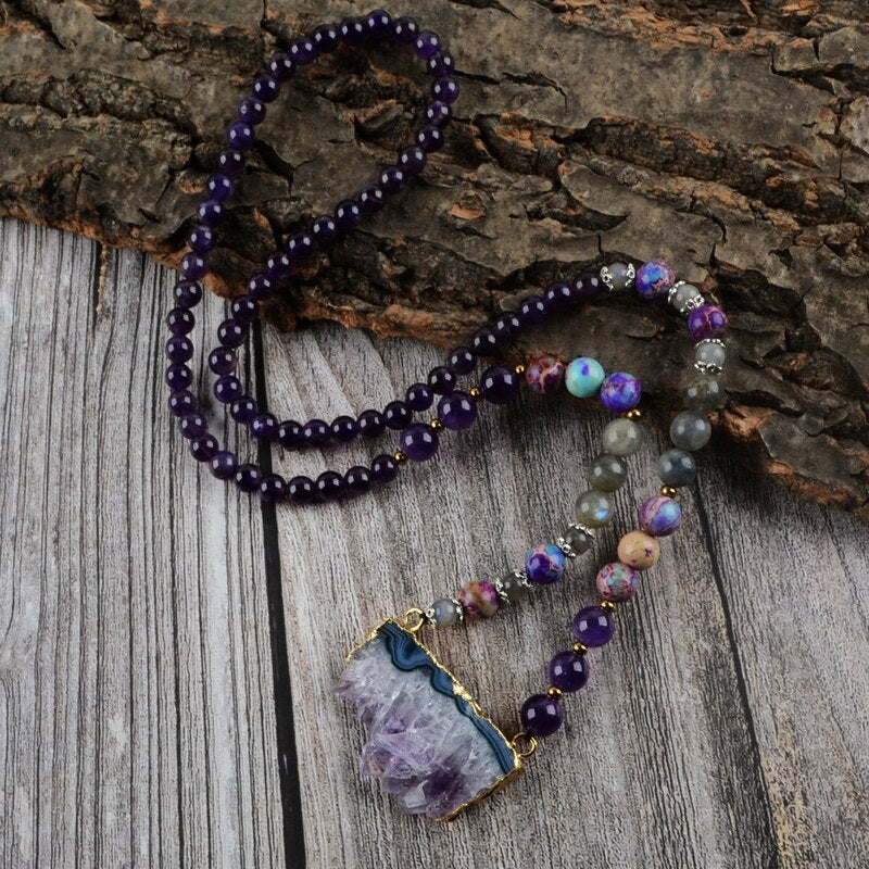 Amethyst Jasper & Labradorite Beaded Druzy Necklace